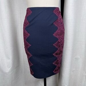 Ted Baker‎ Queeny Scallop Lace Edge Navy Blue Burgundy Pencil Skirt 1 US 4 Small